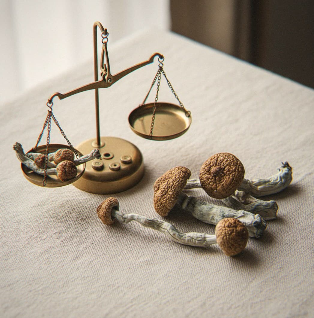 Dried Amazonian mushrooms portioned beside an apothecary scale (Psilocybe cubensis)