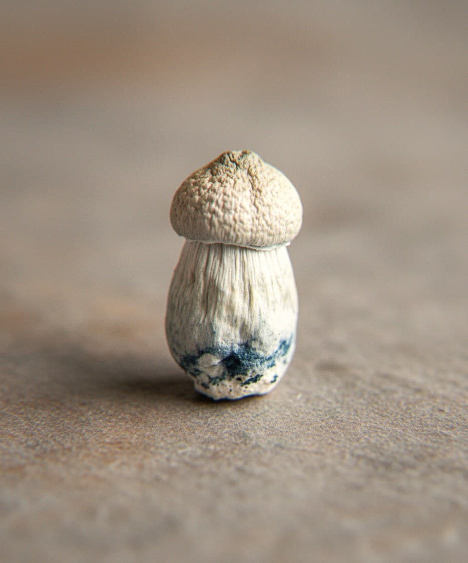 Macro close-up of a dried APES (Albino Penis Envy Swab) mushroom cap and stem (Psilocybe cubensis)