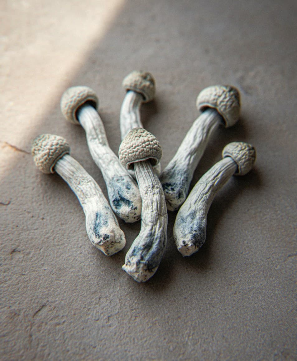 Dried APES (Albino Penis Envy Swab) psilocybin mushrooms (Psilocybe cubensis) — dense