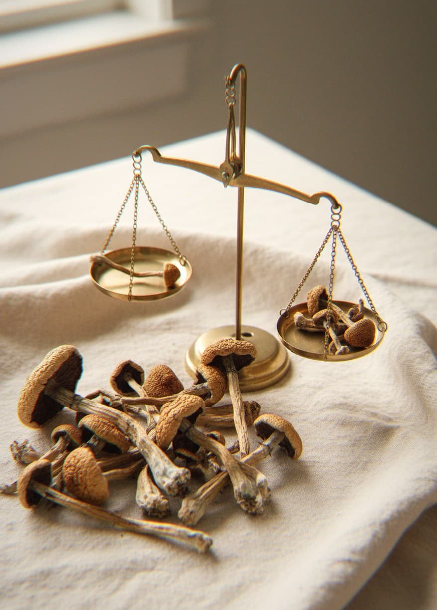 Dried B+ mushrooms portioned beside an apothecary scale (Psilocybe cubensis)