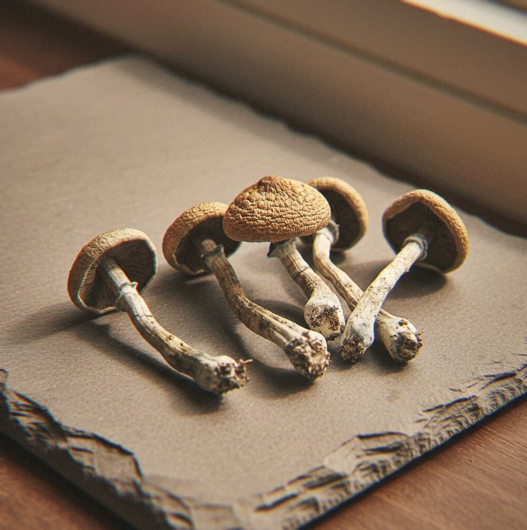 Dried Blue Meanie (Cubensis) psilocybin mushrooms (Psilocybe cubensis) — medium caps with heavy blue bruising on stems