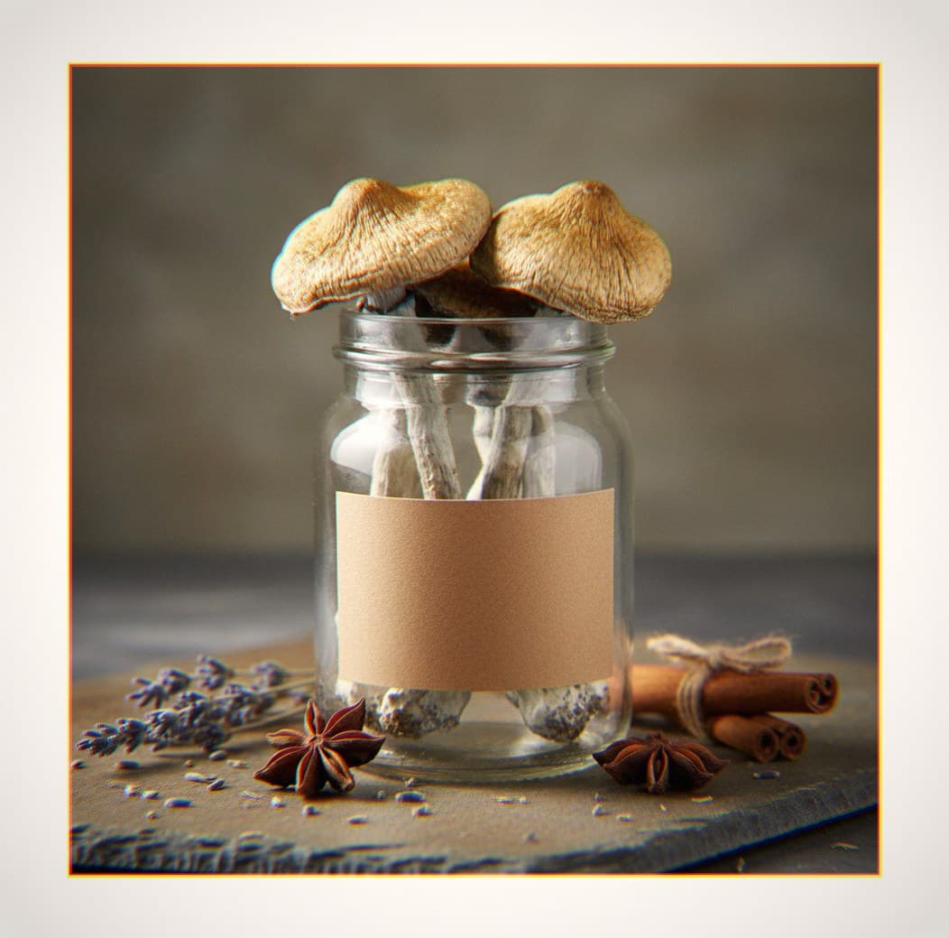 Dried Burma mushrooms in an apothecary jar — MicroDose IQ strain guide