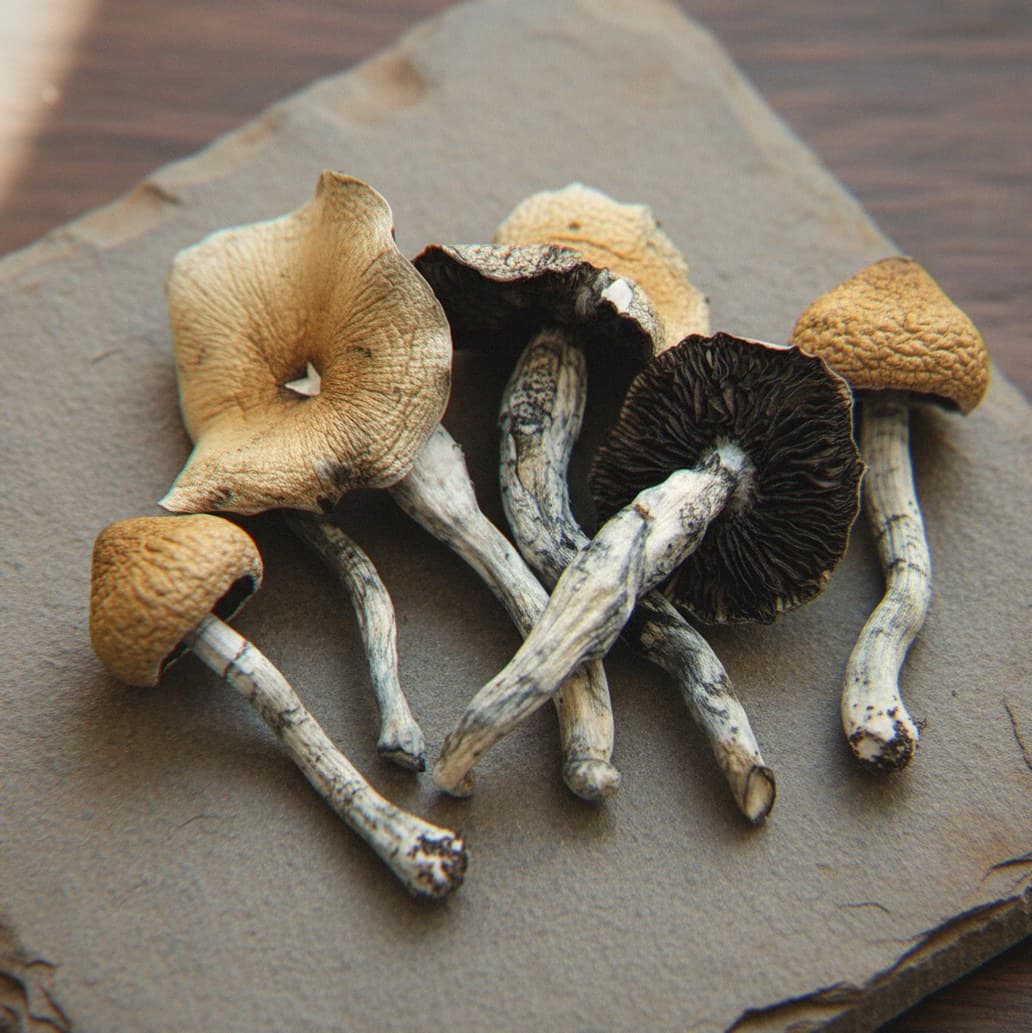 Dried Burma psilocybin mushrooms (Psilocybe cubensis) — medium-large golden-brown caps