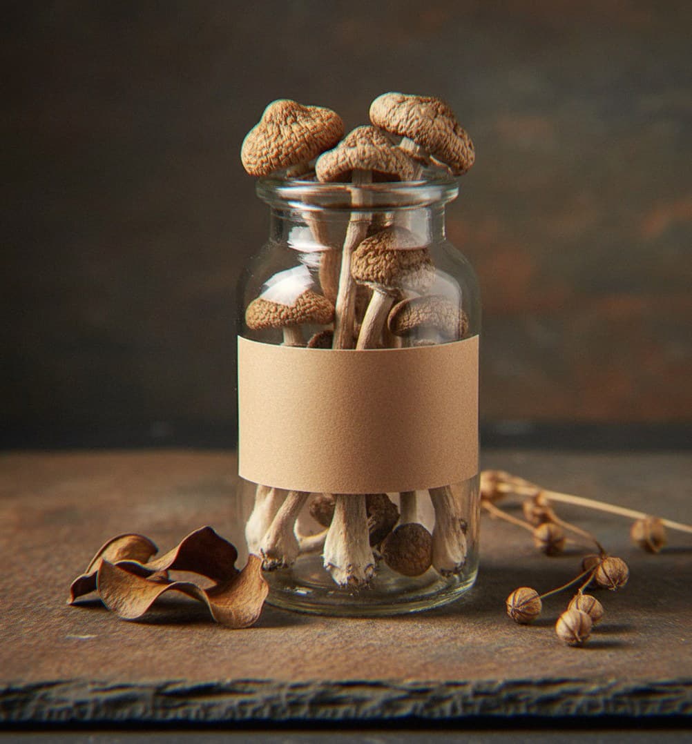 Dried Cambodia mushrooms in an apothecary jar — MicroDose IQ strain guide