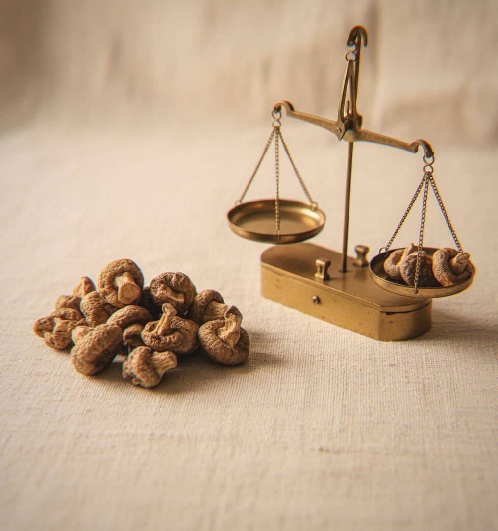 Dried Cambodia mushrooms portioned beside an apothecary scale (Psilocybe cubensis)