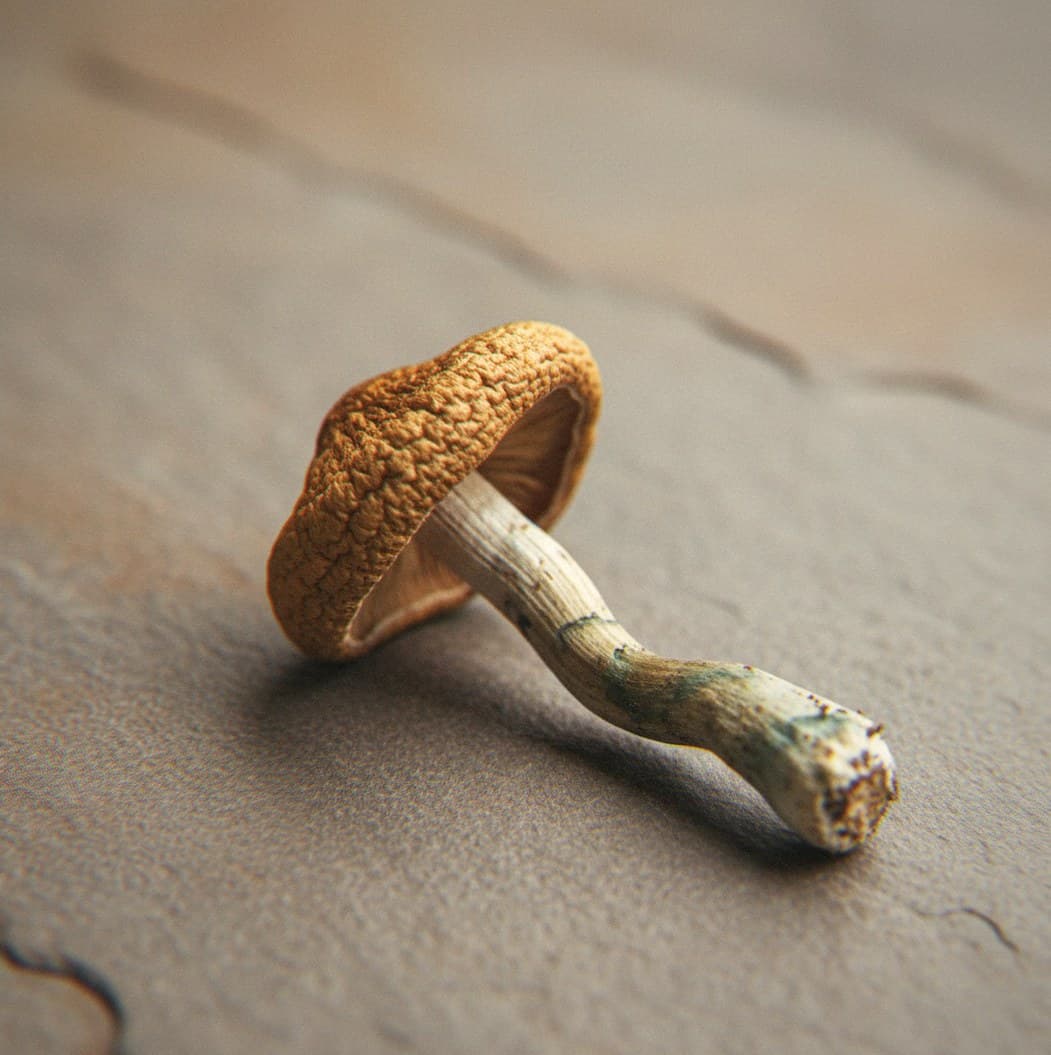 Macro close-up of a dried Costa Rican mushroom cap and stem (Psilocybe cubensis)