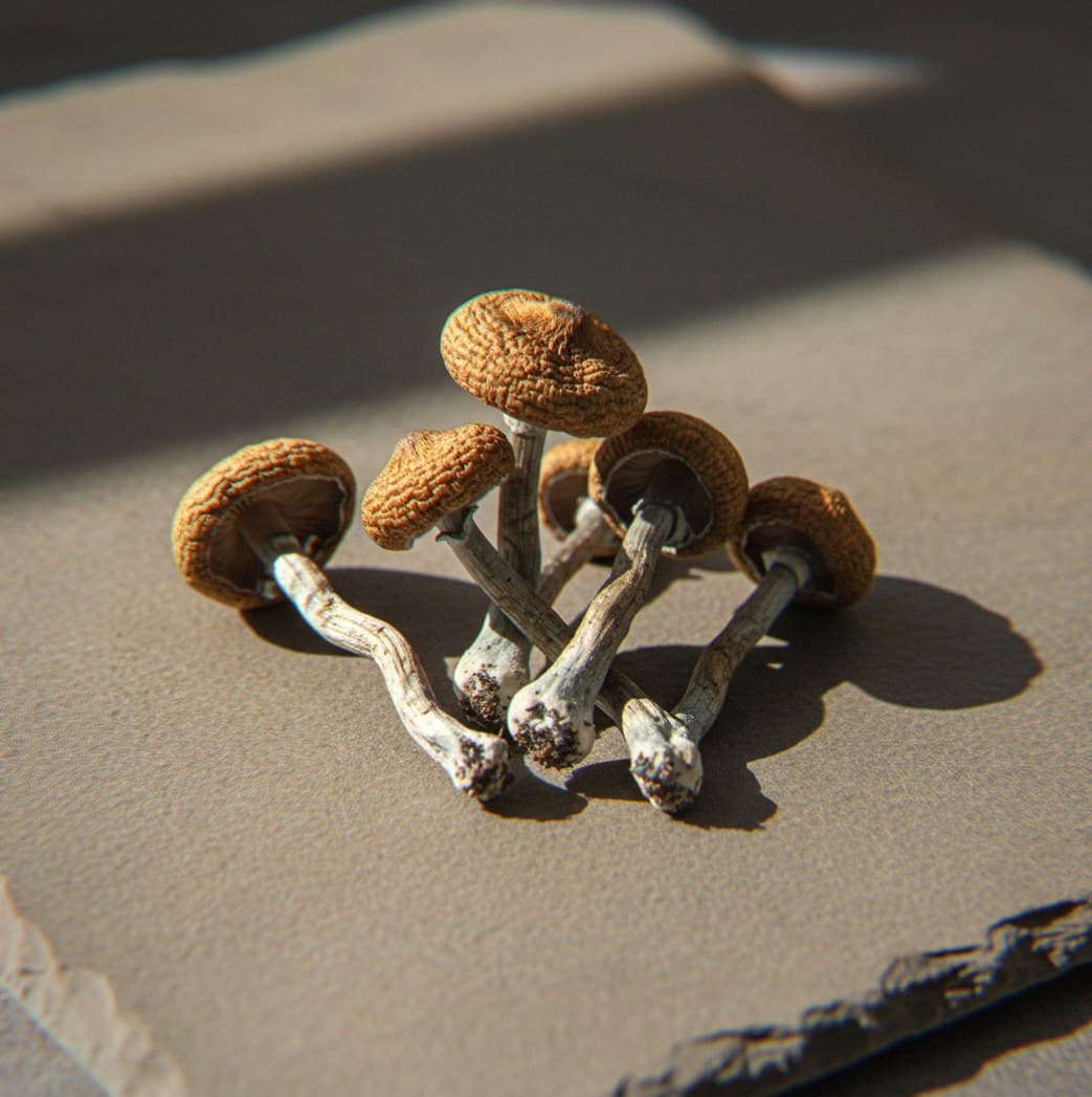 Dried Costa Rican psilocybin mushrooms (Psilocybe cubensis) — medium mushrooms with warm brown caps