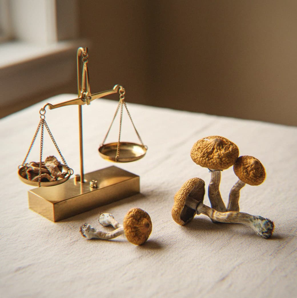 Dried Costa Rican mushrooms portioned beside an apothecary scale (Psilocybe cubensis)