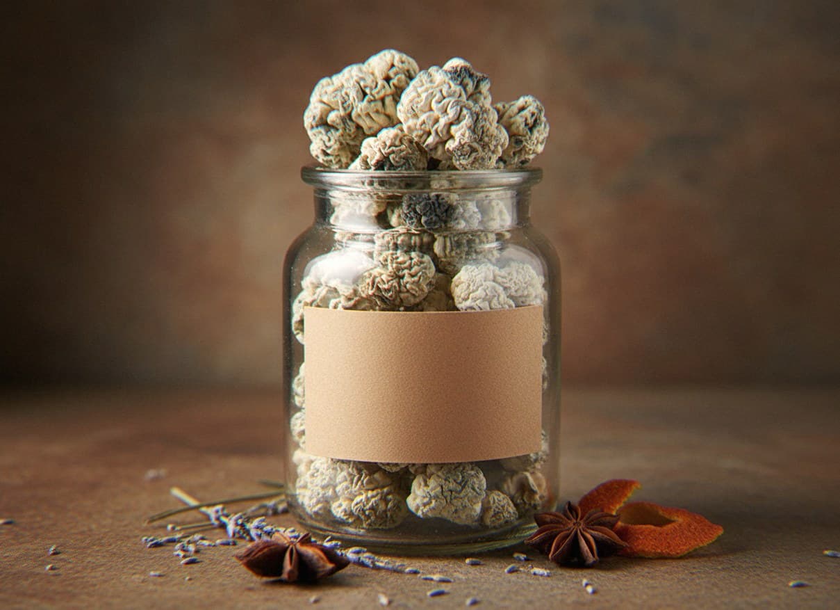 Dried Enigma mushrooms in an apothecary jar — MicroDose IQ strain guide