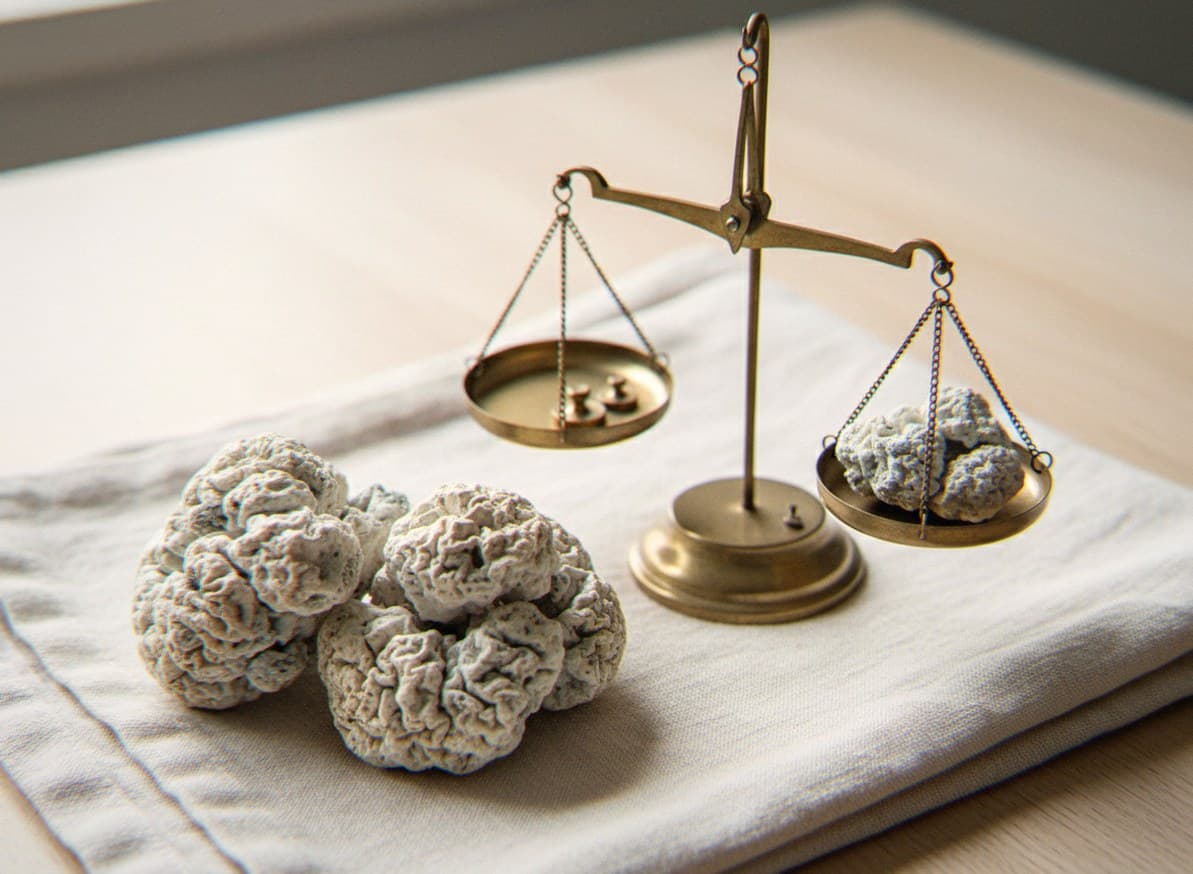 Dried Enigma mushrooms portioned beside an apothecary scale (Psilocybe cubensis)