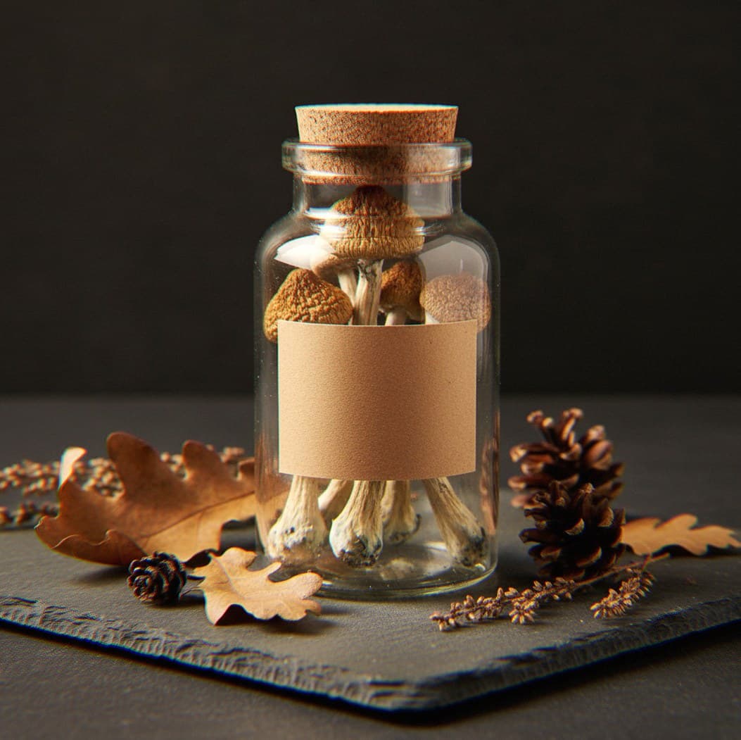 Dried Gandalf mushrooms in an apothecary jar — MicroDose IQ strain guide