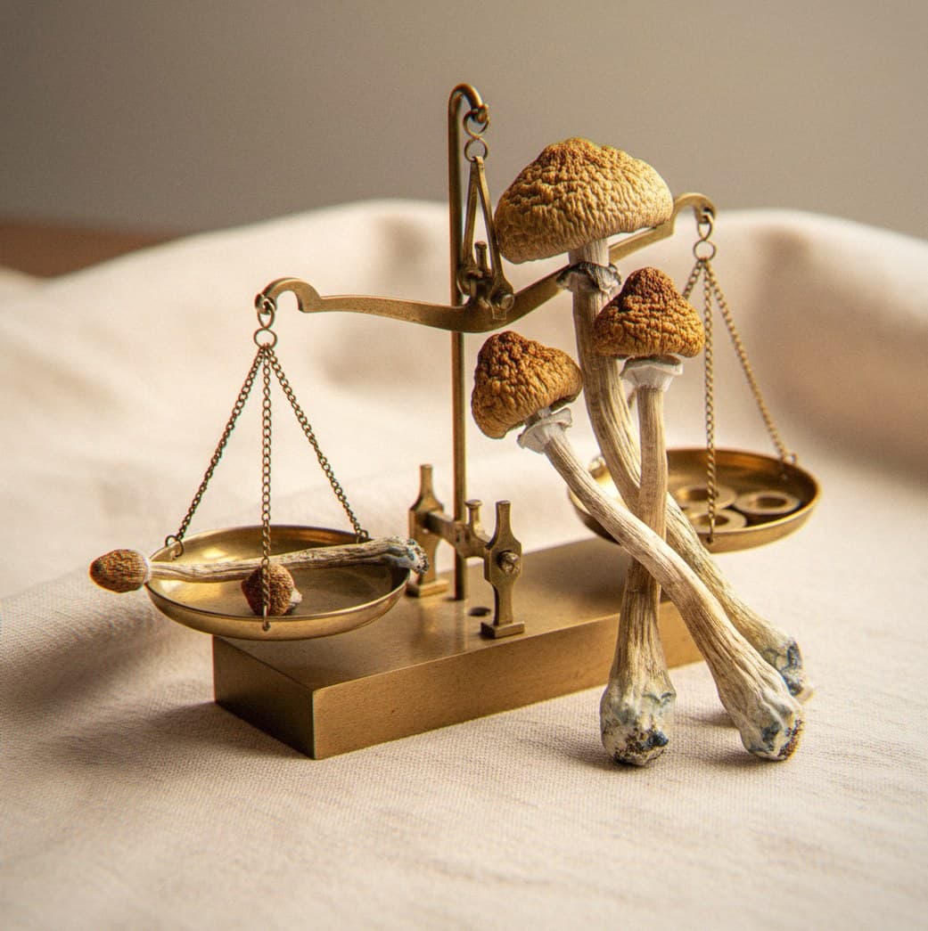 Dried Gandalf mushrooms portioned beside an apothecary scale (Psilocybe cubensis)