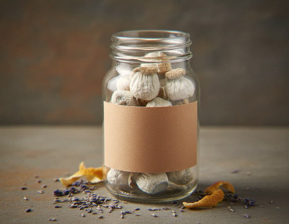 Dried Ghost mushrooms in an apothecary jar — MicroDose IQ strain guide