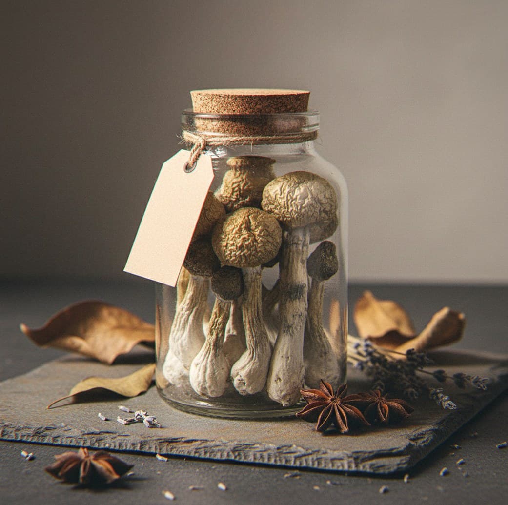 Dried Golden Mammoth mushrooms in an apothecary jar — MicroDose IQ strain guide