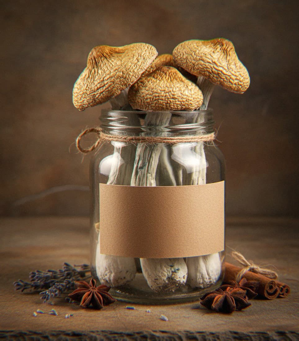 Dried Golden Teacher mushrooms in an apothecary jar — MicroDose IQ strain guide