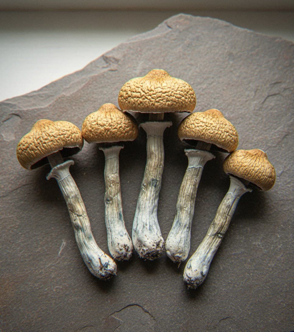 Dried Golden Teacher psilocybin mushrooms (Psilocybe cubensis) — medium-large golden-brown caps with a distinctive nipple