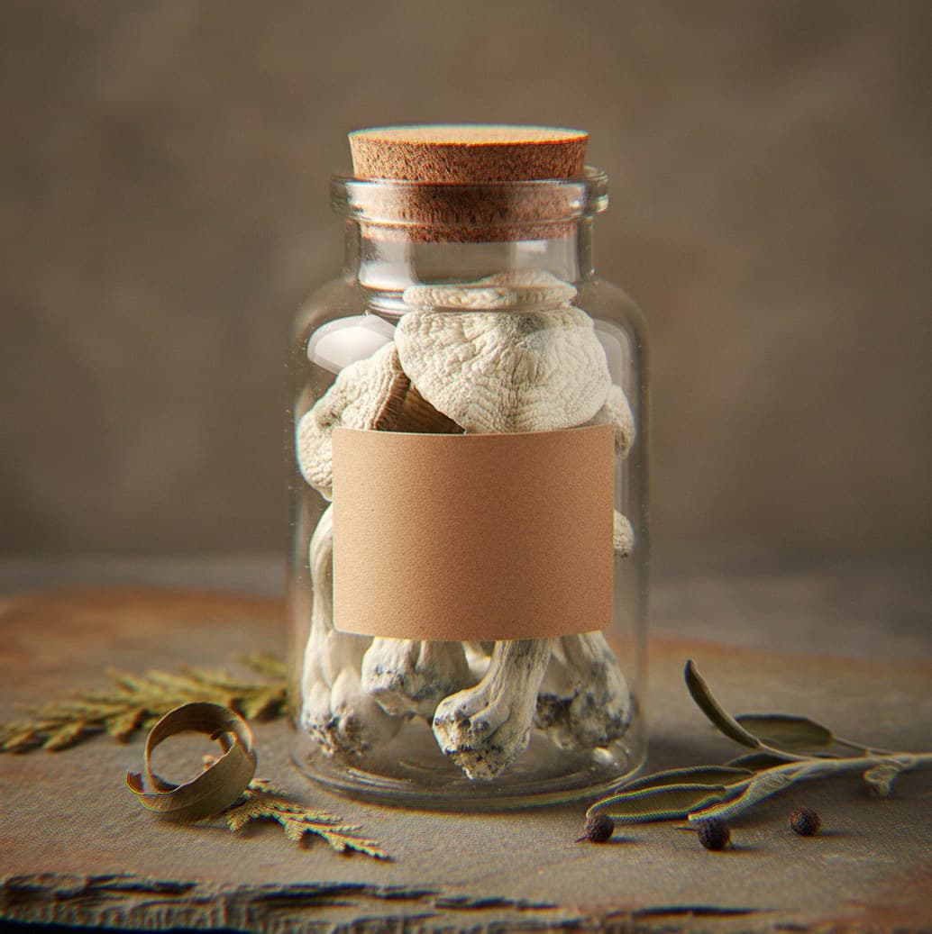 Dried Great White Monster mushrooms in an apothecary jar — MicroDose IQ strain guide