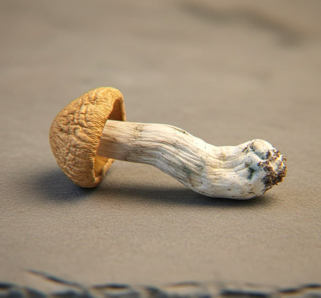 Macro close-up of a dried Hillbilly mushroom cap and stem (Psilocybe cubensis)