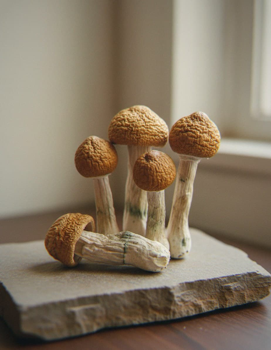 Dried Hillbilly psilocybin mushrooms (Psilocybe cubensis) — classic cubensis appearance with golden-brown caps and white stems