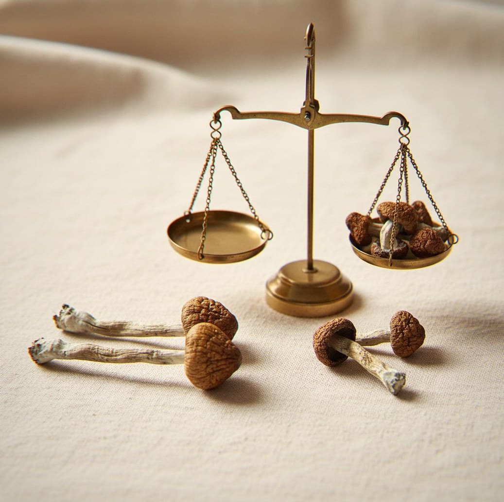 Dried Huautla mushrooms portioned beside an apothecary scale (Psilocybe cubensis)