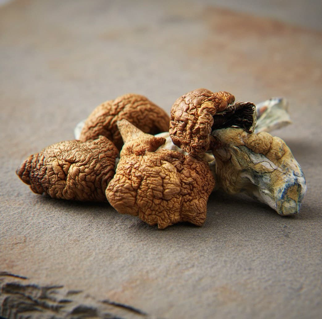 Dried Koh Samui Super Strain psilocybin mushrooms (Psilocybe cubensis) — stocky