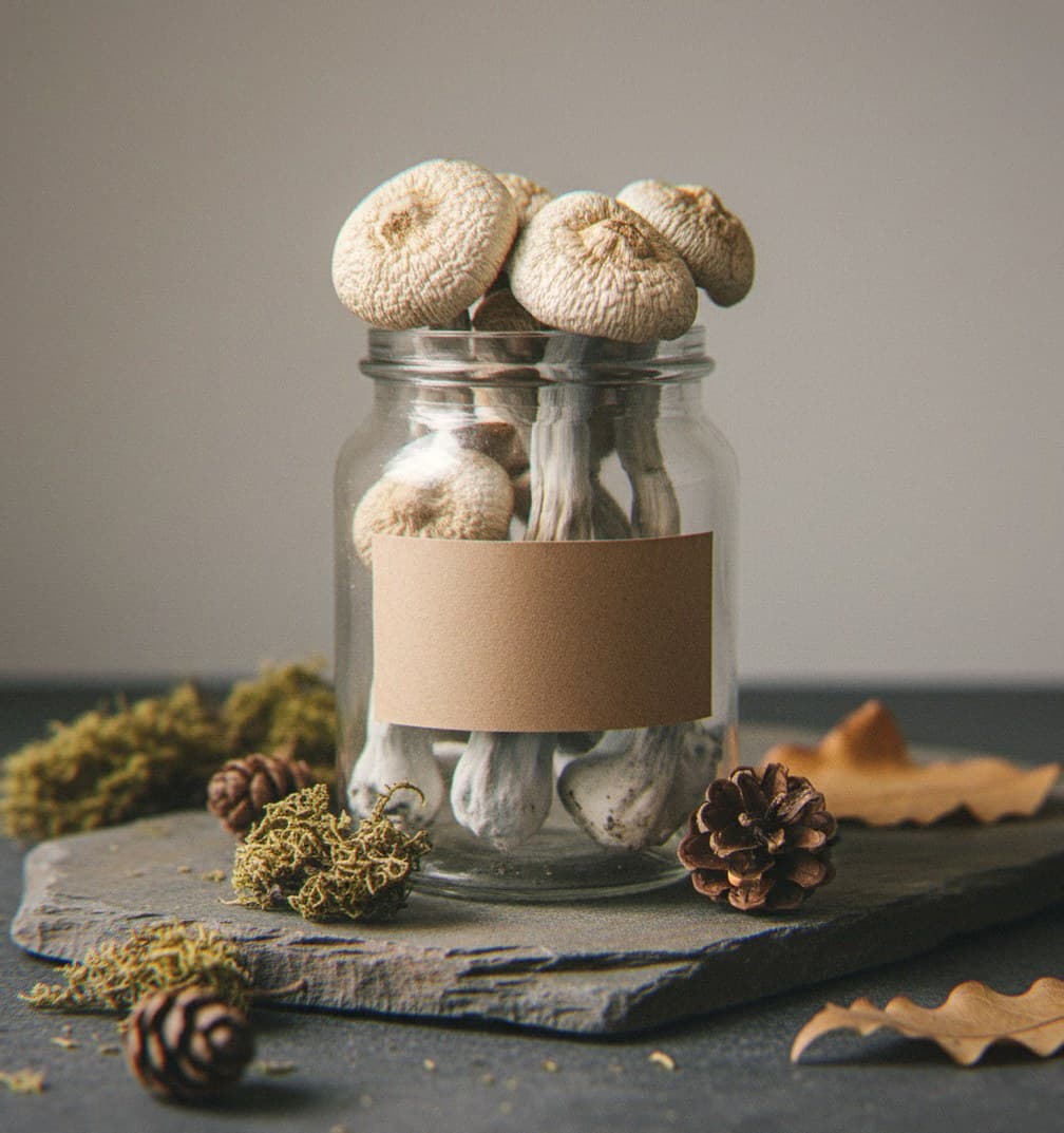 Dried Leucistic Golden Teacher mushrooms in an apothecary jar — MicroDose IQ strain guide
