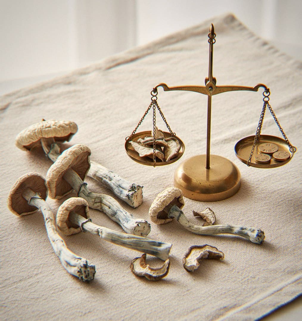 Dried Leucistic Golden Teacher mushrooms portioned beside an apothecary scale (Psilocybe cubensis)