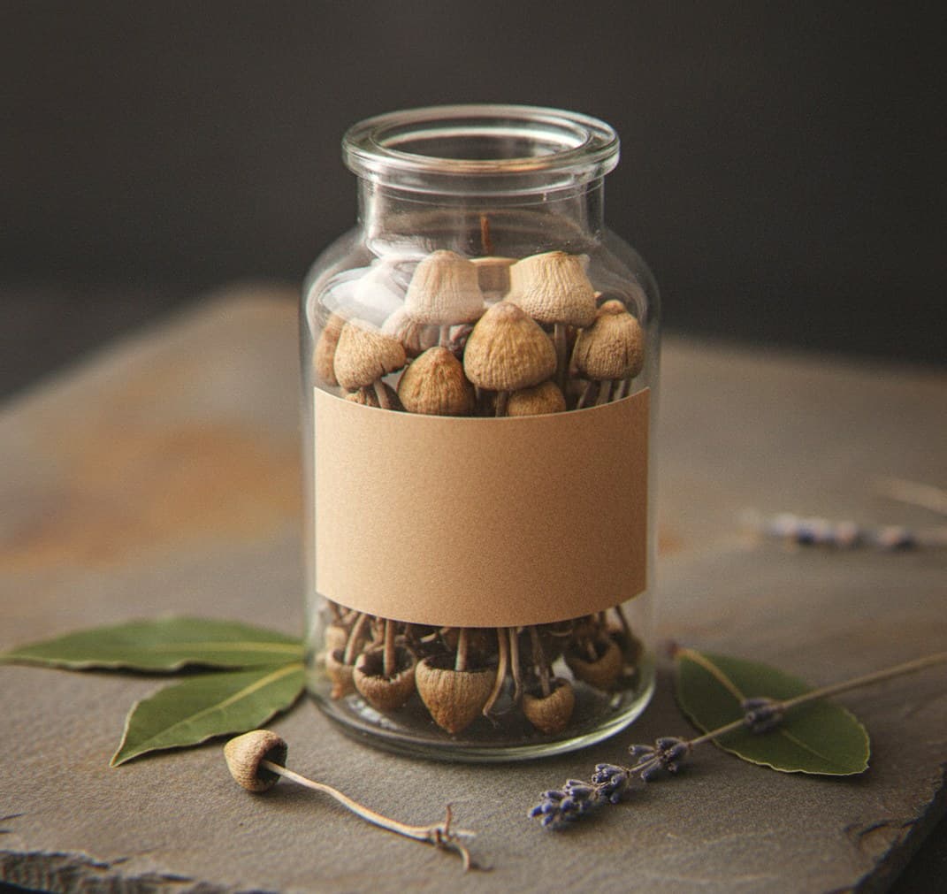 Dried Liberty Cap mushrooms in an apothecary jar — MicroDose IQ strain guide