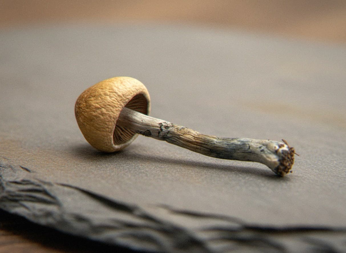 Macro close-up of a dried Liberty Cap mushroom cap and stem (Psilocybe semilanceata)