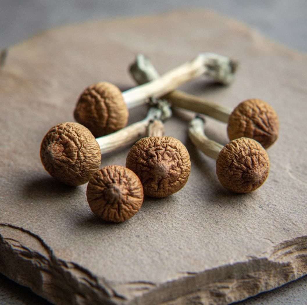 Dried Mazatapec psilocybin mushrooms (Psilocybe cubensis) — medium brown caps