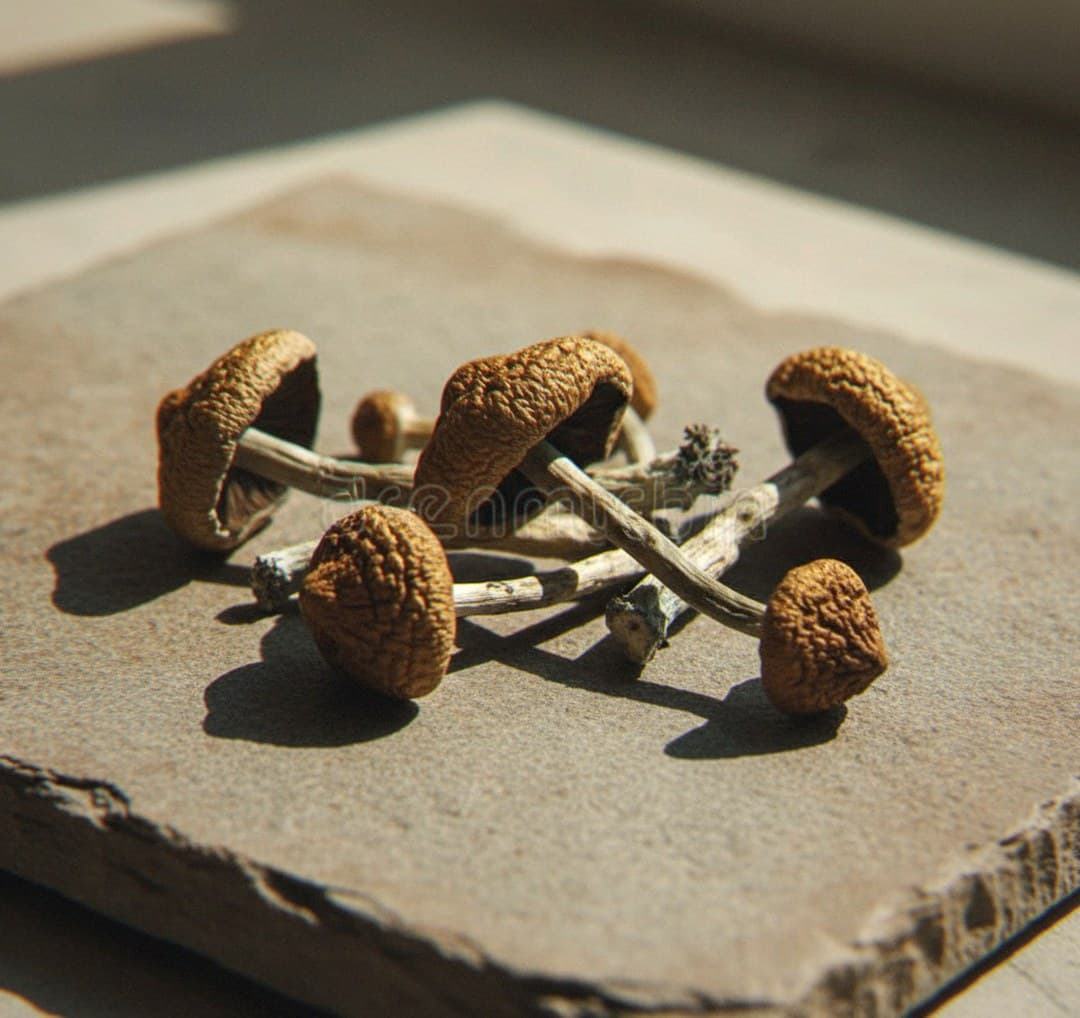 Dried McKennaii psilocybin mushrooms (Psilocybe cubensis) — medium-large mushrooms with dark brown caps