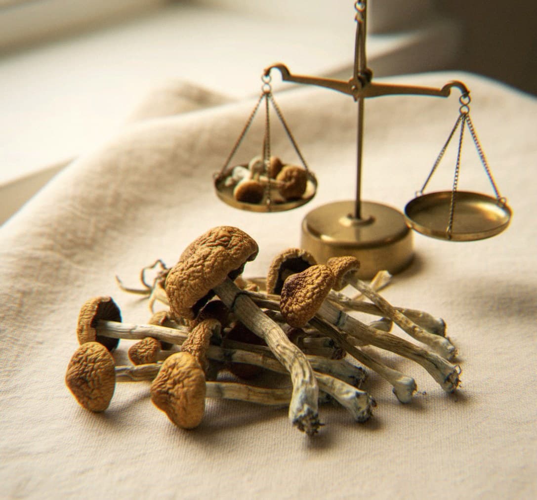 Dried McKennaii mushrooms portioned beside an apothecary scale (Psilocybe cubensis)