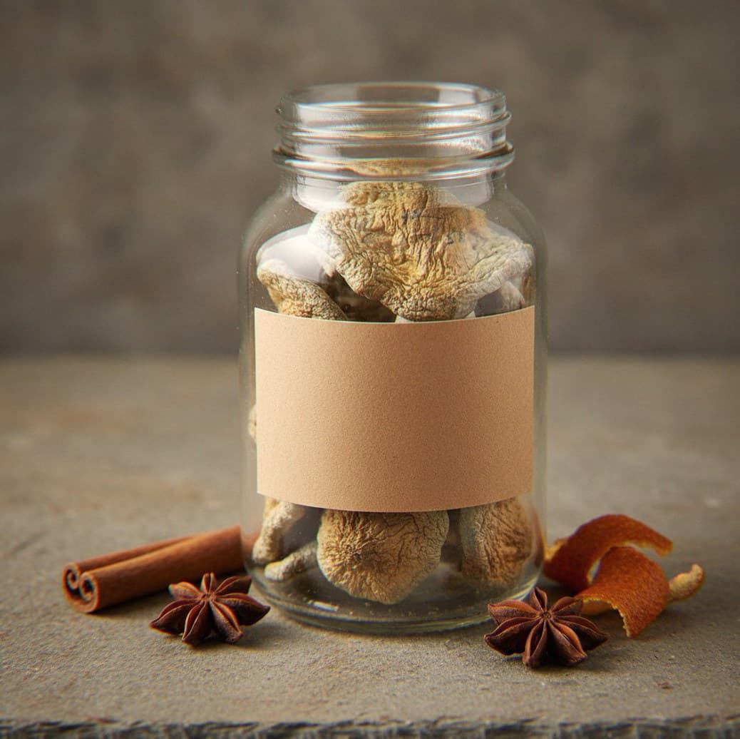 Dried Melmac mushrooms in an apothecary jar — MicroDose IQ strain guide