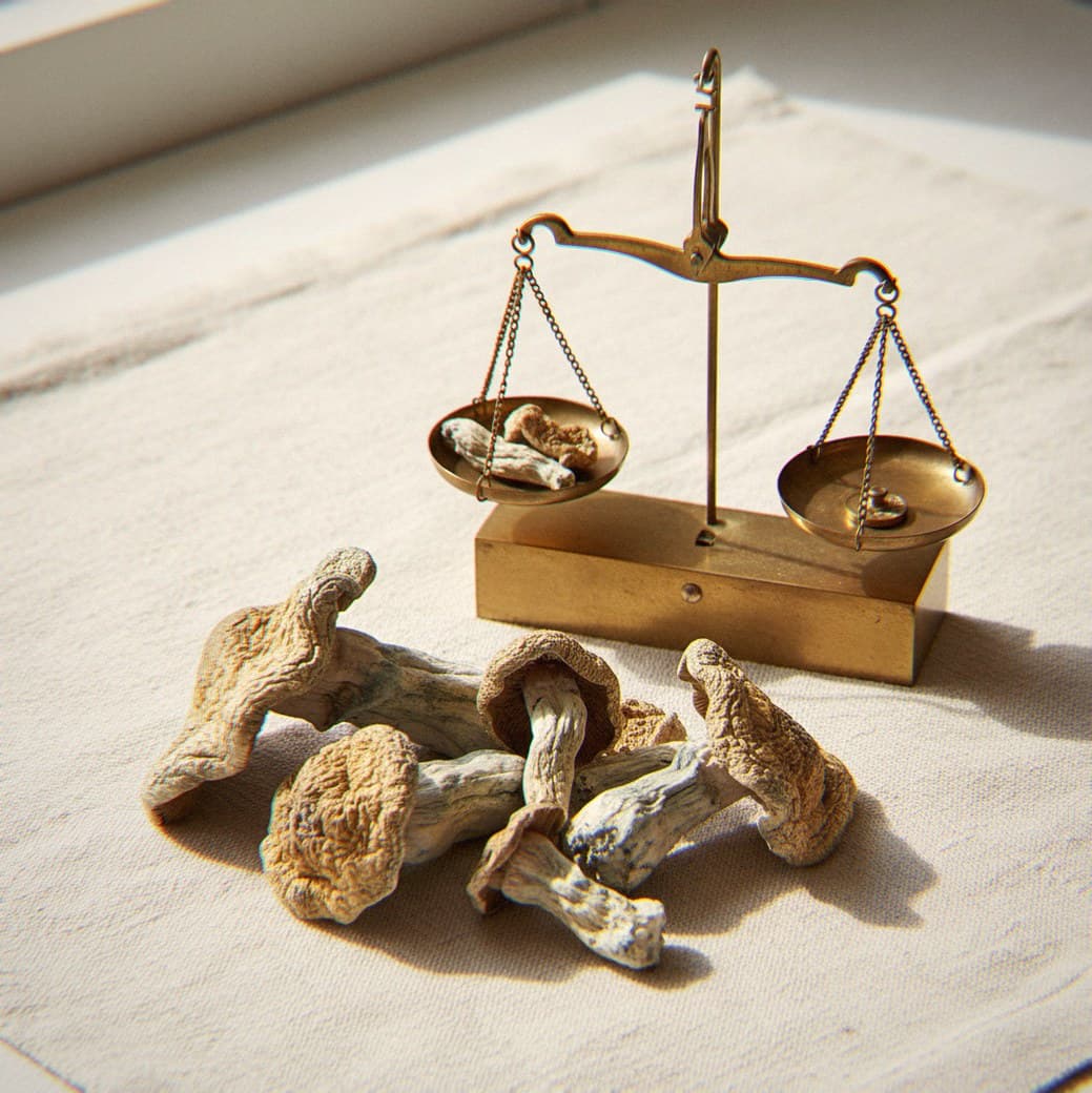 Dried Melmac mushrooms portioned beside an apothecary scale (Psilocybe cubensis)