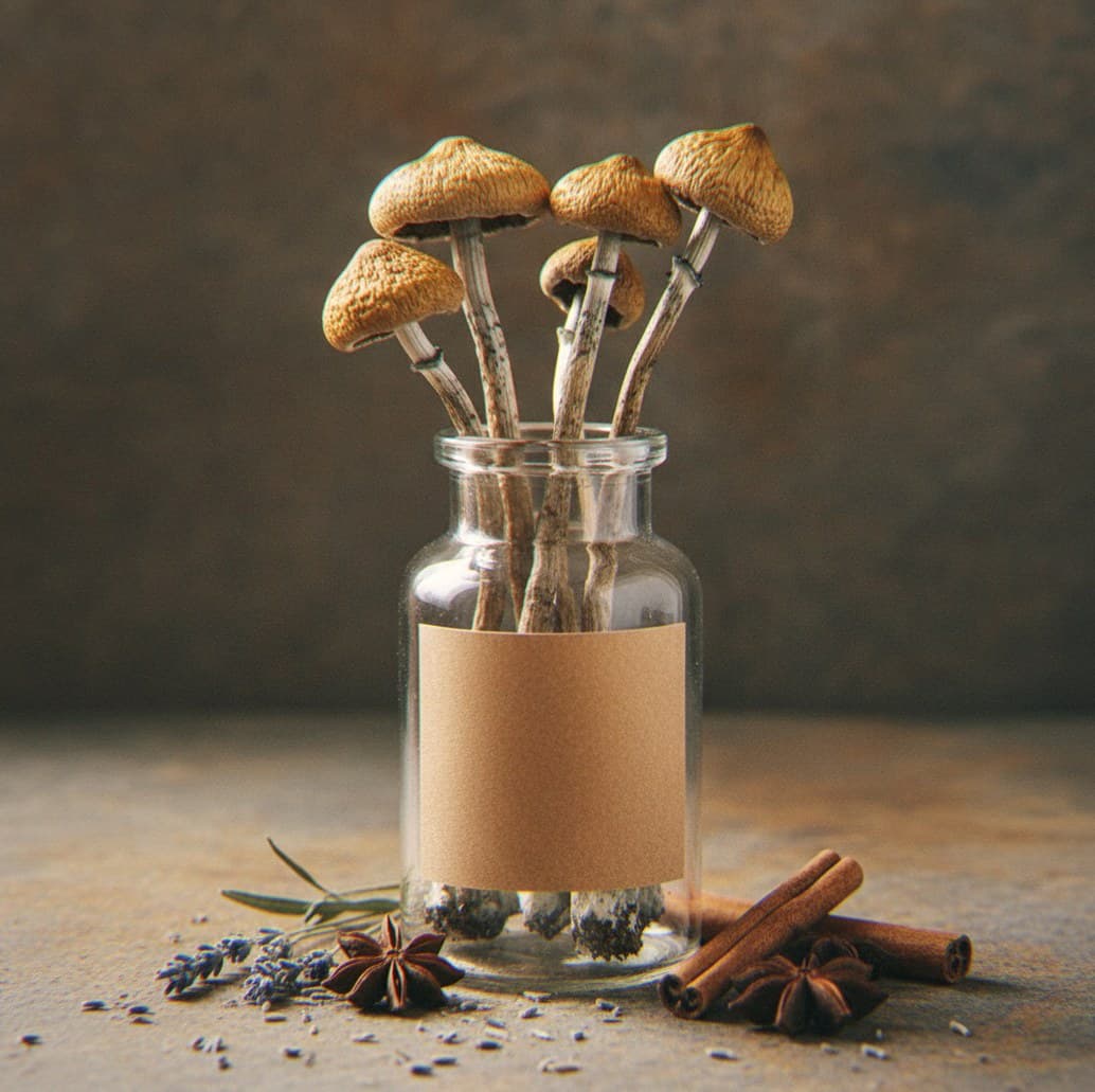 Dried Orissa India mushrooms in an apothecary jar — MicroDose IQ strain guide