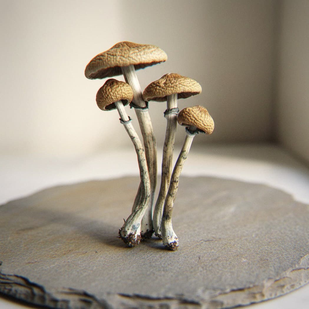 Dried Orissa India psilocybin mushrooms (Psilocybe cubensis) — exceptionally tall mushrooms — some exceeding 30cm — with golden-brown caps and long thin stems