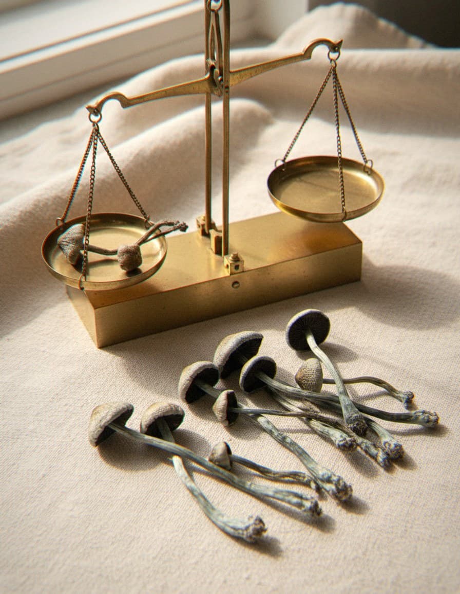 Dried Panaeolus cyanescens mushrooms portioned beside an apothecary scale (Panaeolus cyanescens)