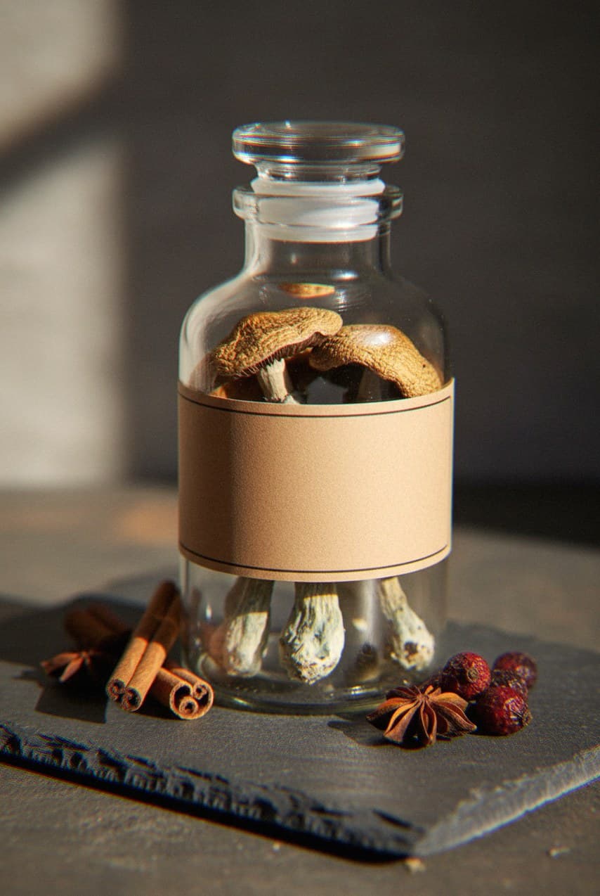 Dried PE6 mushrooms in an apothecary jar — MicroDose IQ strain guide