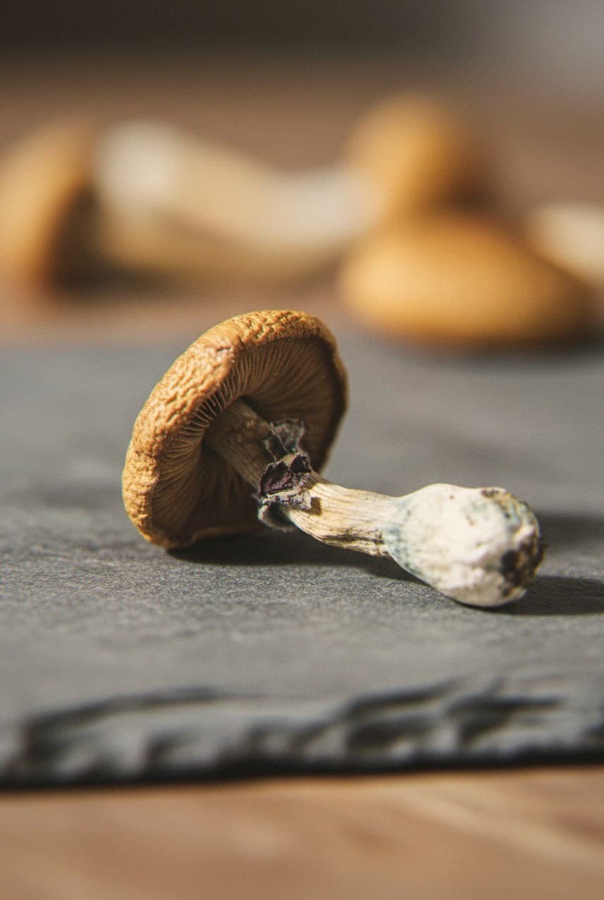 Macro close-up of a dried PE6 mushroom cap and stem (Psilocybe cubensis)