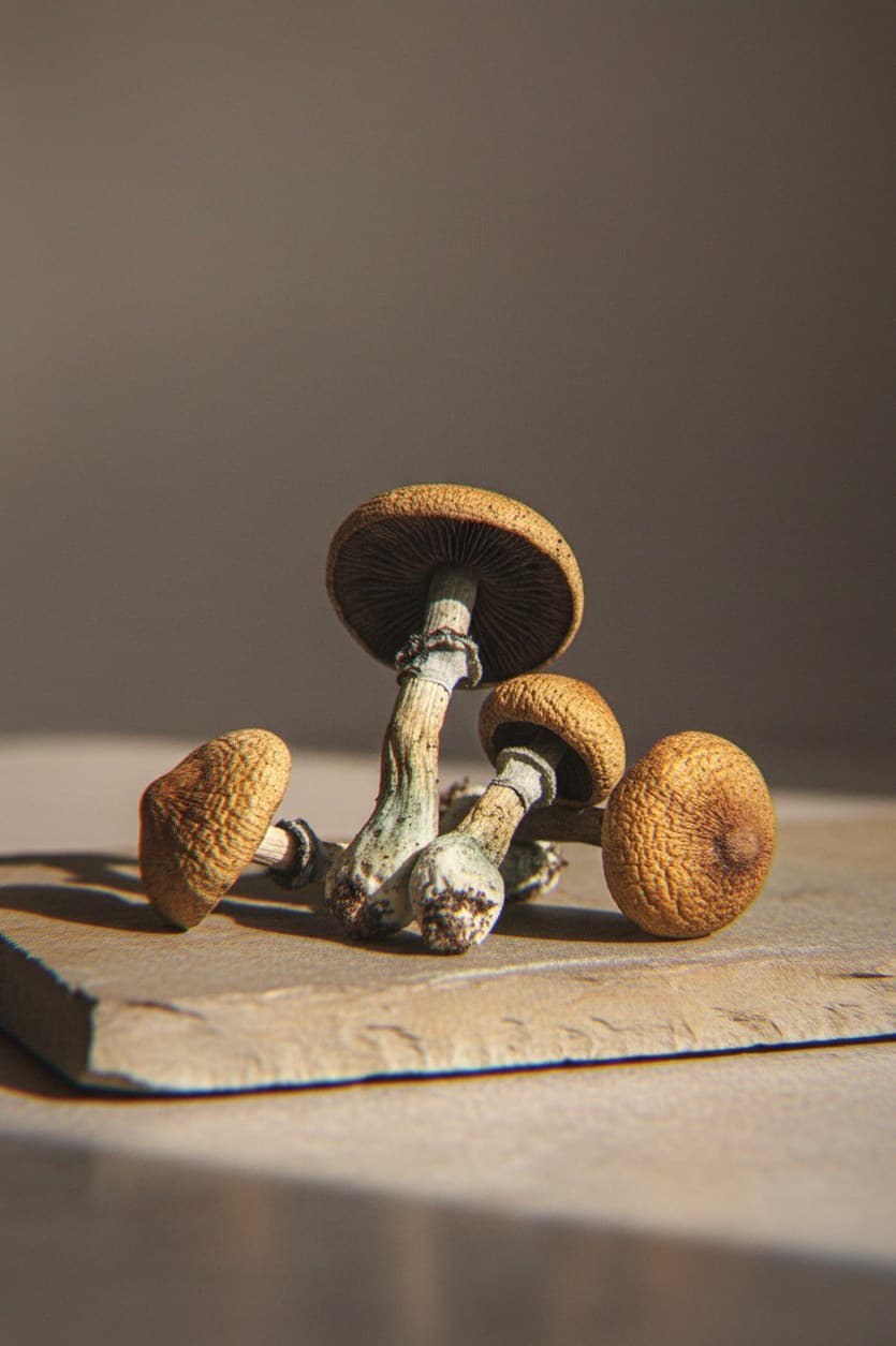 Dried PE6 psilocybin mushrooms (Psilocybe cubensis) — pe-like shape but with normal cap opening and spore production