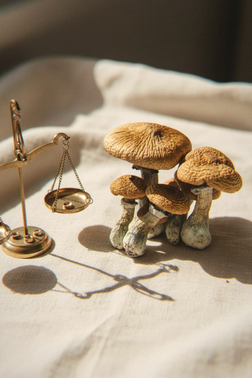 Dried PE6 mushrooms portioned beside an apothecary scale (Psilocybe cubensis)