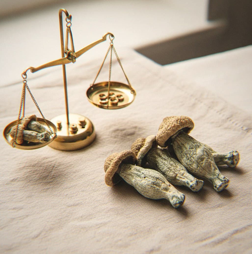 Dried Penis Envy Uncut mushrooms portioned beside an apothecary scale (Psilocybe cubensis)