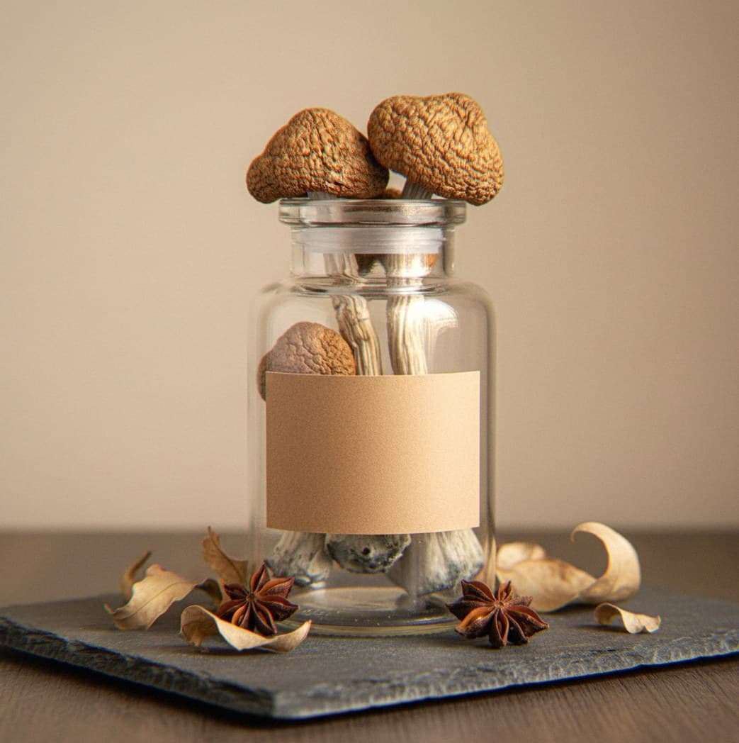 Dried PES Amazonian mushrooms in an apothecary jar — MicroDose IQ strain guide