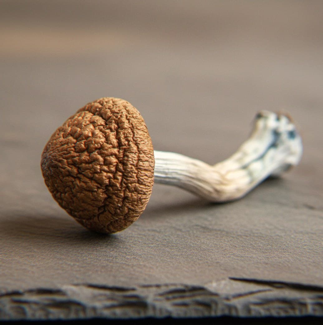Macro close-up of a dried PES Amazonian mushroom cap and stem (Psilocybe cubensis)