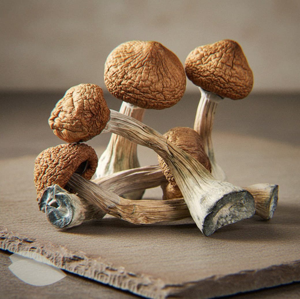 Dried PES Amazonian psilocybin mushrooms (Psilocybe cubensis) — very large mushrooms with thick brown caps
