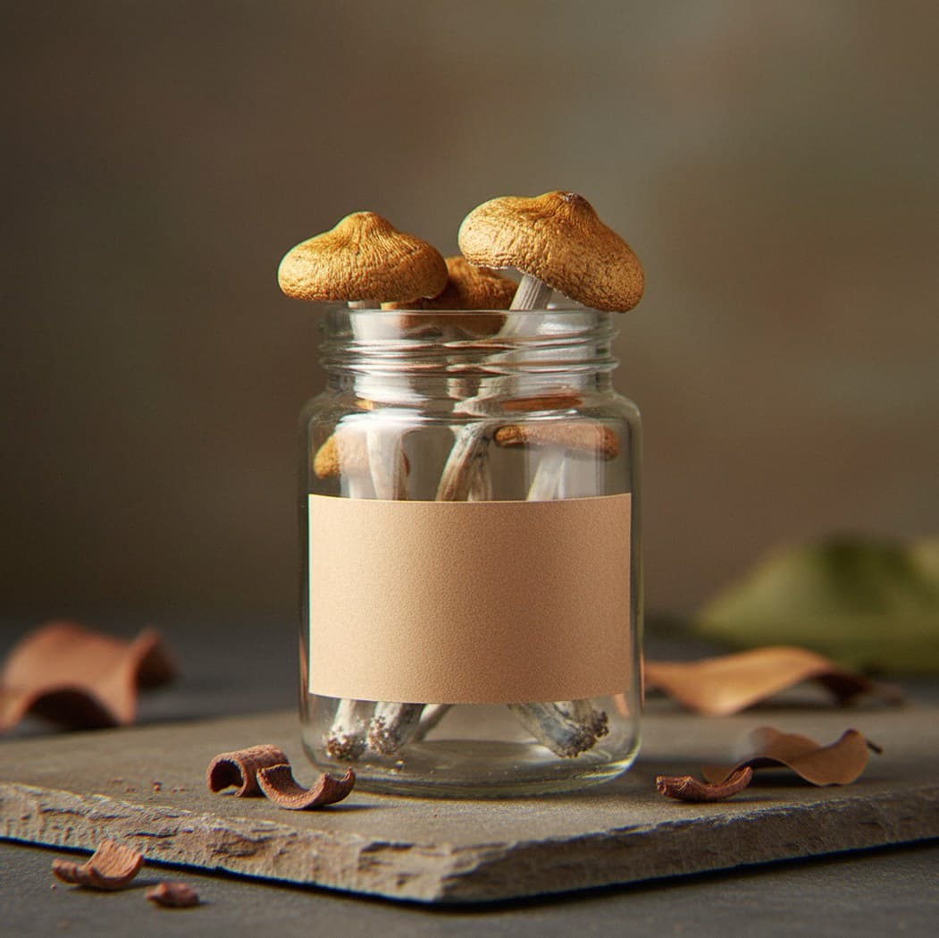Dried Psilocybe azurescens mushrooms in an apothecary jar — MicroDose IQ strain guide