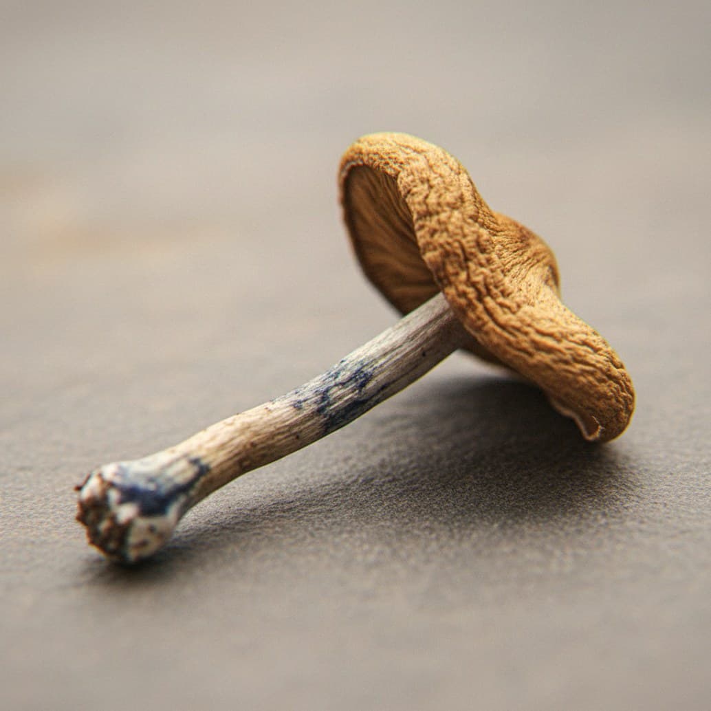 Macro close-up of a dried Psilocybe azurescens mushroom cap and stem (Psilocybe azurescens)