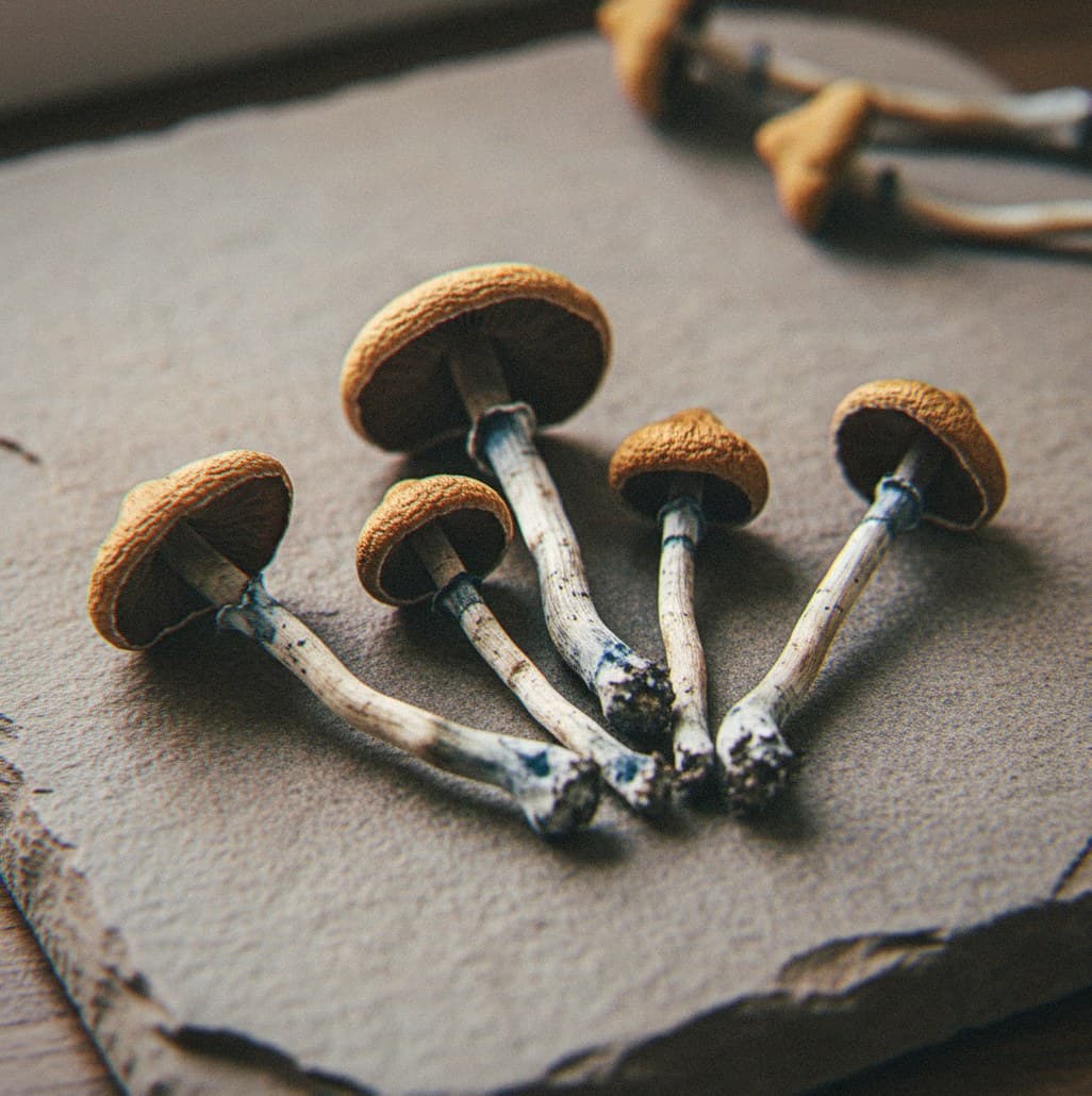 Dried Psilocybe azurescens psilocybin mushrooms (Psilocybe azurescens) — caramel-brown convex caps