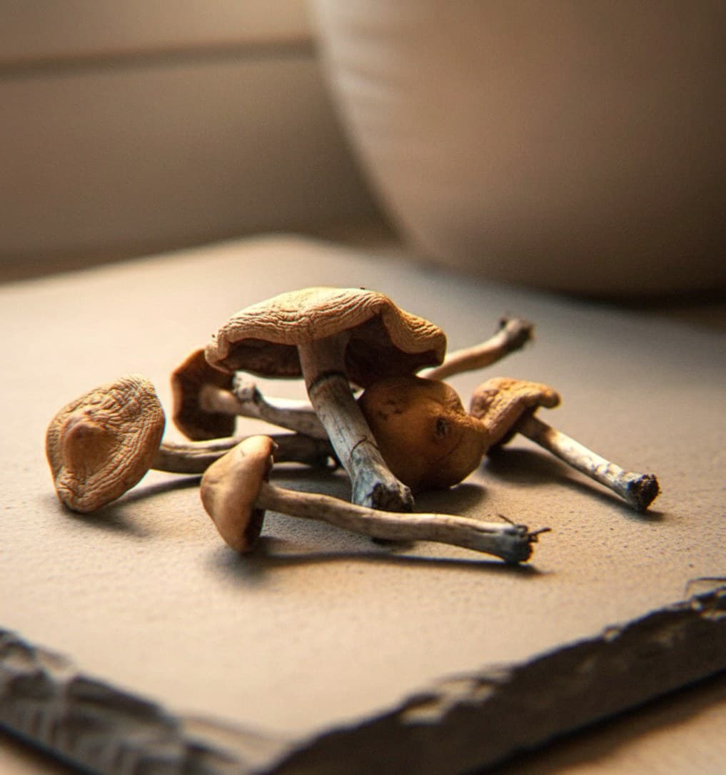 Dried Psilocybe cyanescens psilocybin mushrooms (Psilocybe cyanescens) — wavy-edged caramel caps that fade to pale buff when dry