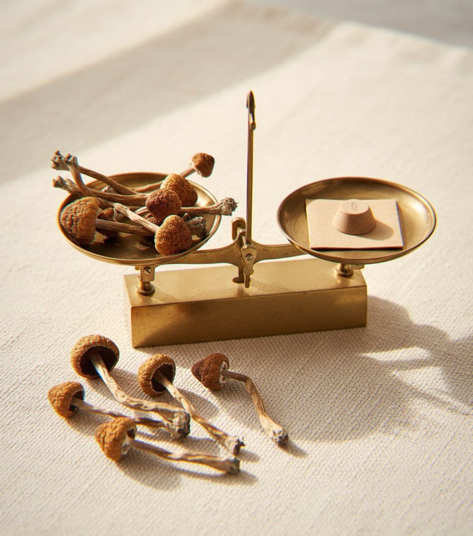 Dried Psilocybe tampanensis mushrooms portioned beside an apothecary scale (Psilocybe tampanensis)